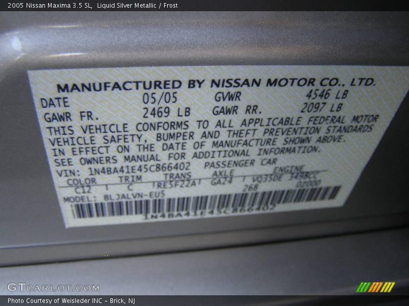 Liquid Silver Metallic / Frost 2005 Nissan Maxima 3.5 SL