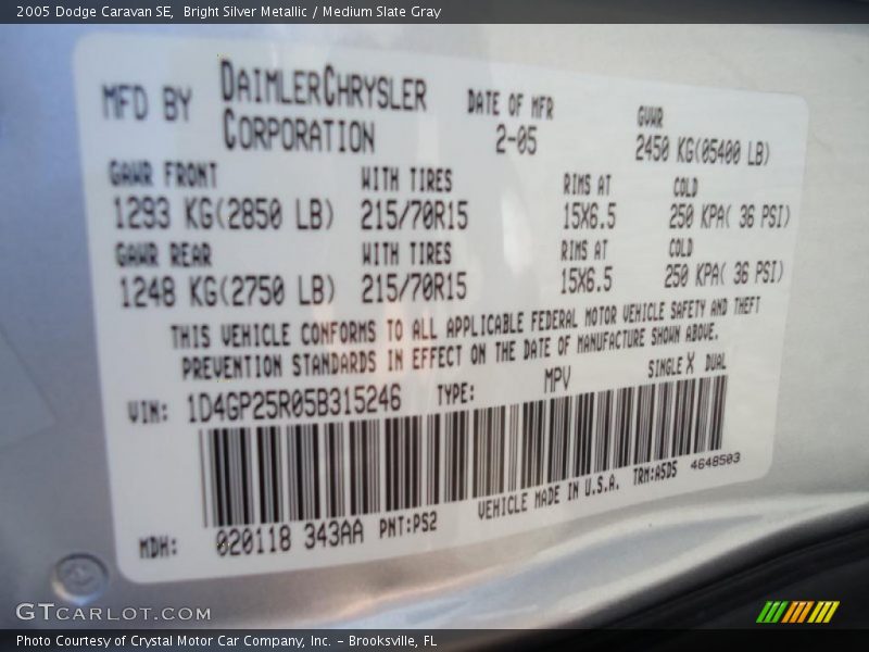 Bright Silver Metallic / Medium Slate Gray 2005 Dodge Caravan SE