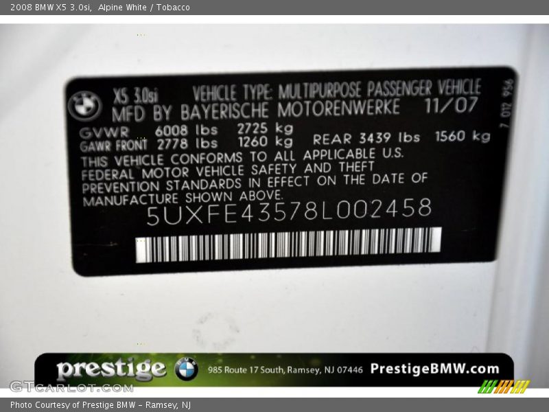 Alpine White / Tobacco 2008 BMW X5 3.0si