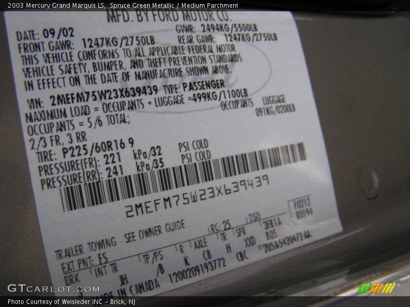 Spruce Green Metallic / Medium Parchment 2003 Mercury Grand Marquis LS