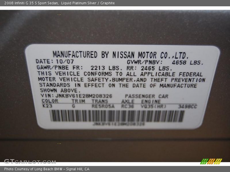 Liquid Platinum Silver / Graphite 2008 Infiniti G 35 S Sport Sedan