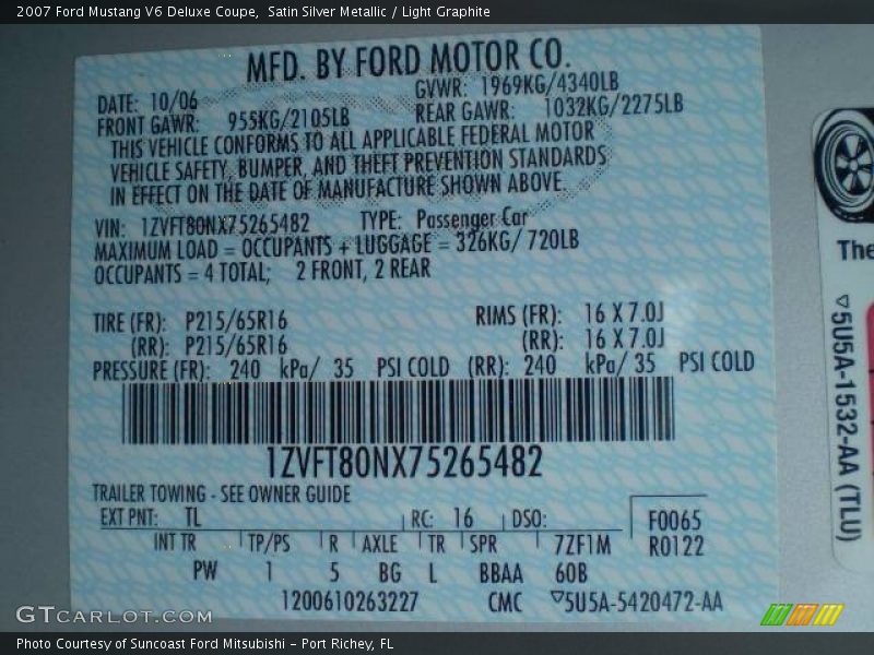 2007 Mustang V6 Deluxe Coupe Satin Silver Metallic Color Code TL