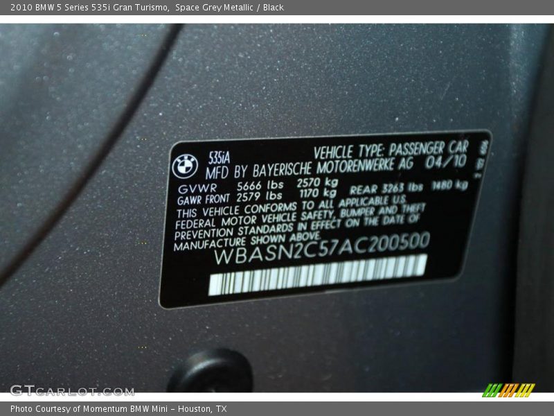 Info Tag of 2010 5 Series 535i Gran Turismo