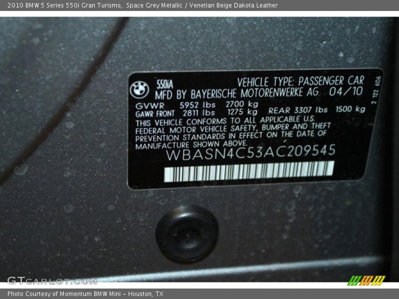 Space Grey Metallic / Venetian Beige Dakota Leather 2010 BMW 5 Series 550i Gran Turismo