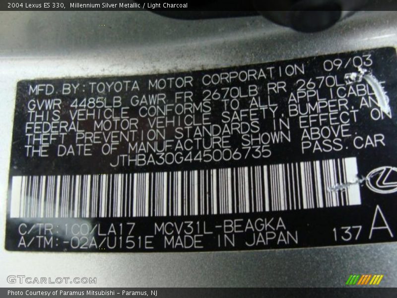 Millennium Silver Metallic / Light Charcoal 2004 Lexus ES 330