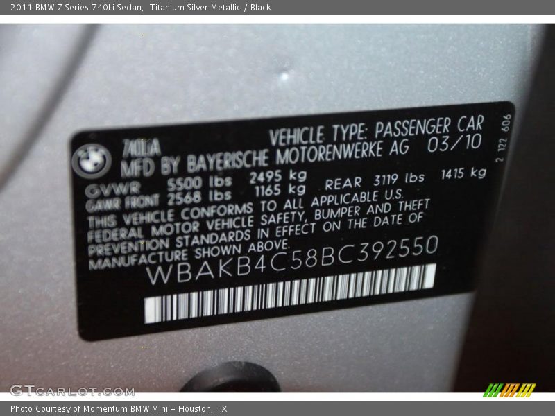 Titanium Silver Metallic / Black 2011 BMW 7 Series 740Li Sedan