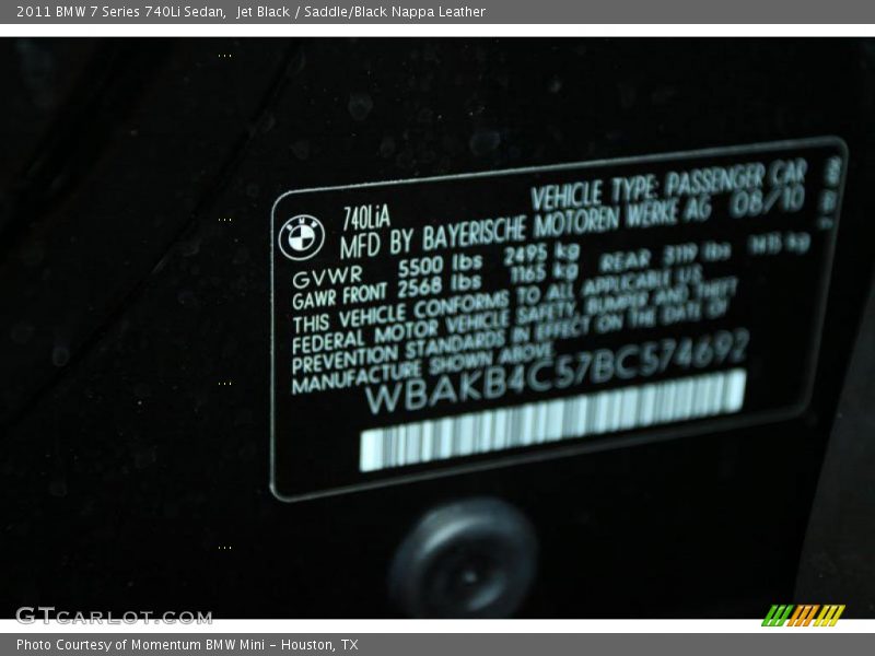 Jet Black / Saddle/Black Nappa Leather 2011 BMW 7 Series 740Li Sedan