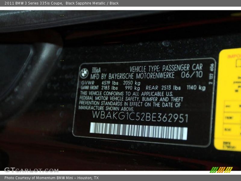 Black Sapphire Metallic / Black 2011 BMW 3 Series 335is Coupe