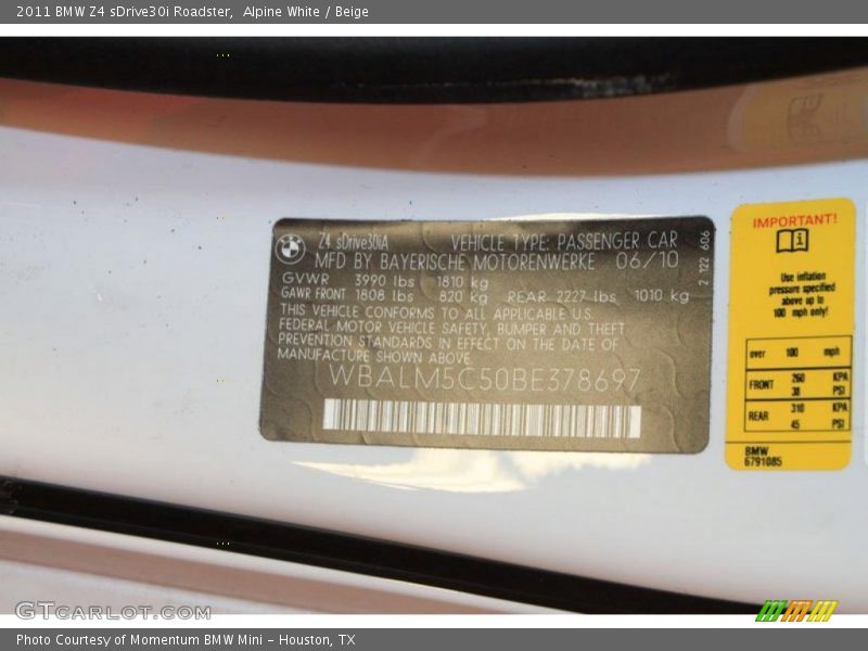 Alpine White / Beige 2011 BMW Z4 sDrive30i Roadster