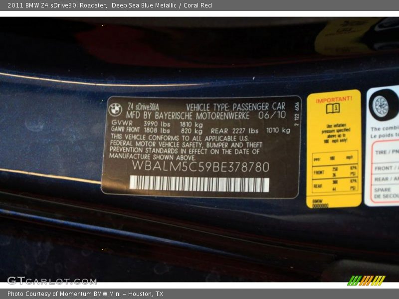 Deep Sea Blue Metallic / Coral Red 2011 BMW Z4 sDrive30i Roadster