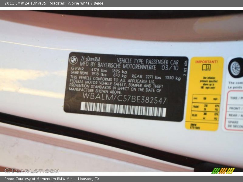 Info Tag of 2011 Z4 sDrive35i Roadster