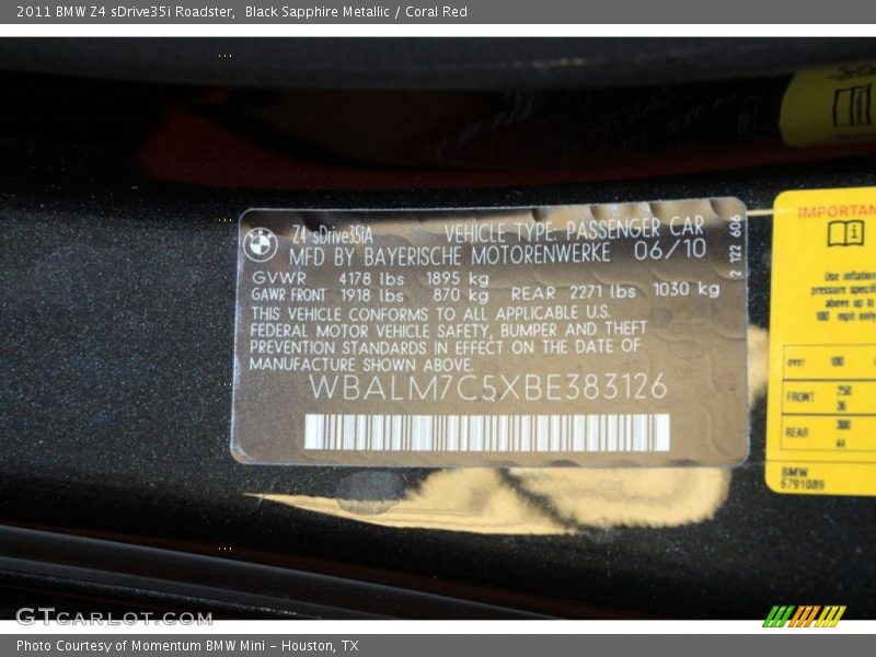 Info Tag of 2011 Z4 sDrive35i Roadster