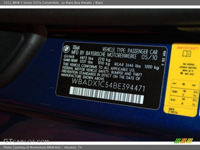Info Tag of 2011 3 Series 335is Convertible