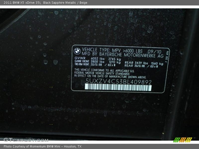 Black Sapphire Metallic / Beige 2011 BMW X5 xDrive 35i