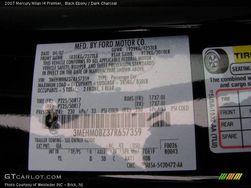 Black Ebony / Dark Charcoal 2007 Mercury Milan I4 Premier