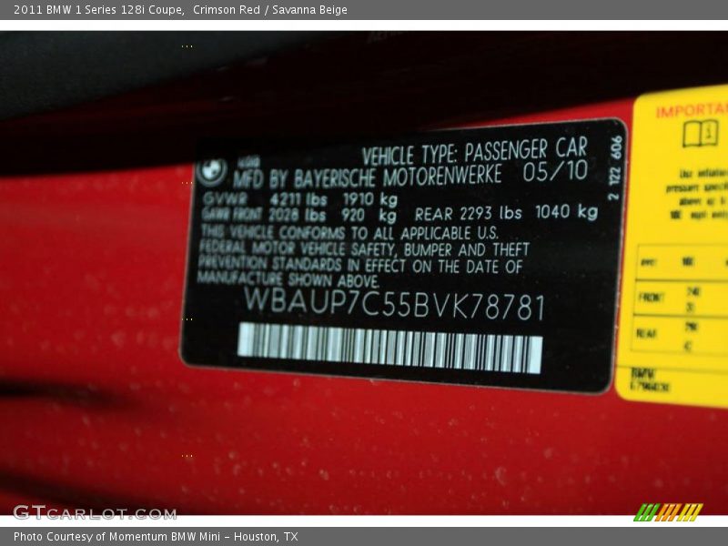 Crimson Red / Savanna Beige 2011 BMW 1 Series 128i Coupe