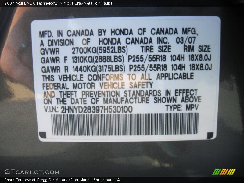 Nimbus Gray Metallic / Taupe 2007 Acura MDX Technology