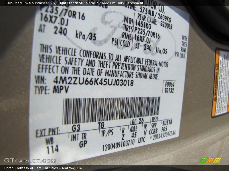 2005 Mountaineer V6 Light French Silk Metallic Color Code G3