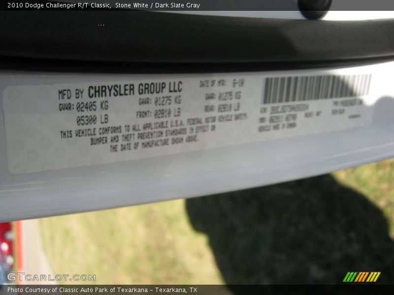 Info Tag of 2010 Challenger R/T Classic