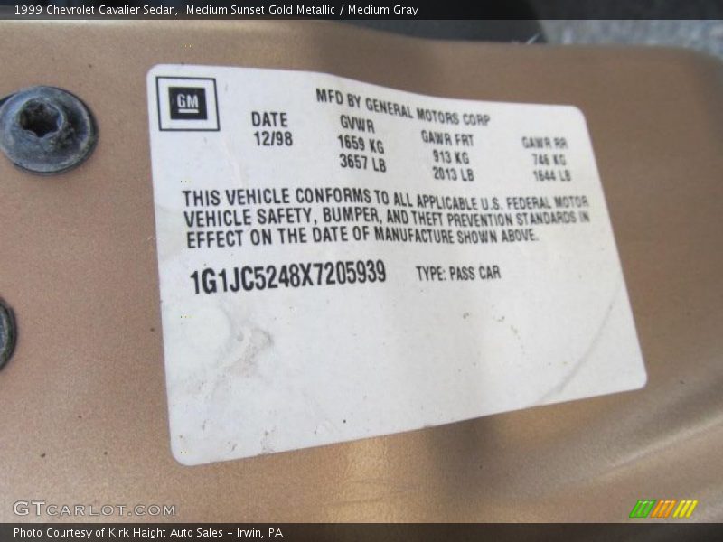 Info Tag of 1999 Cavalier Sedan