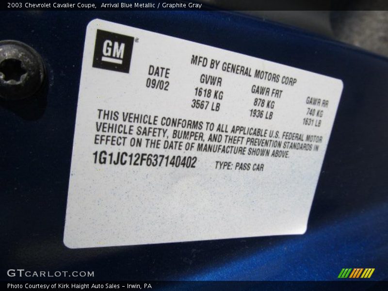Arrival Blue Metallic / Graphite Gray 2003 Chevrolet Cavalier Coupe