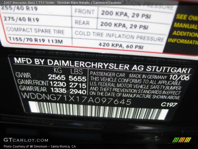 Obsidian Black Metallic / Cashmere/Savanna 2007 Mercedes-Benz S 550 Sedan