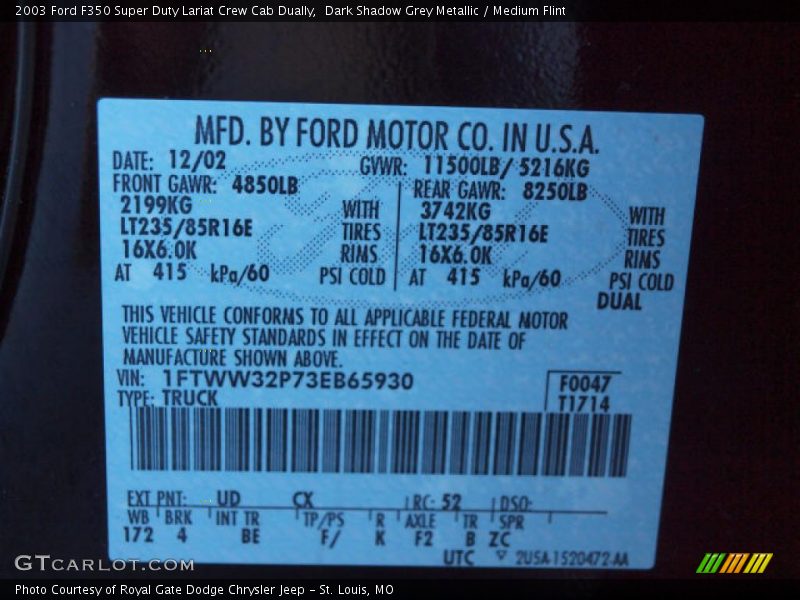 2003 F350 Super Duty Lariat Crew Cab Dually Dark Shadow Grey Metallic Color Code CX