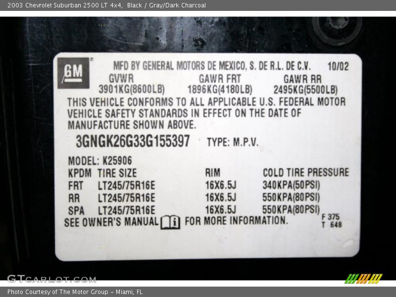 Black / Gray/Dark Charcoal 2003 Chevrolet Suburban 2500 LT 4x4