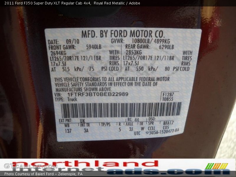 Royal Red Metallic / Adobe 2011 Ford F350 Super Duty XLT Regular Cab 4x4