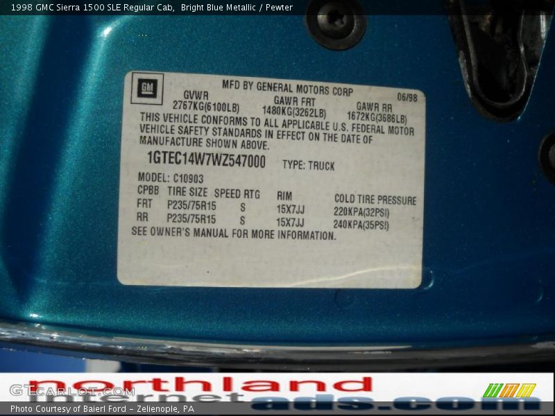Bright Blue Metallic / Pewter 1998 GMC Sierra 1500 SLE Regular Cab
