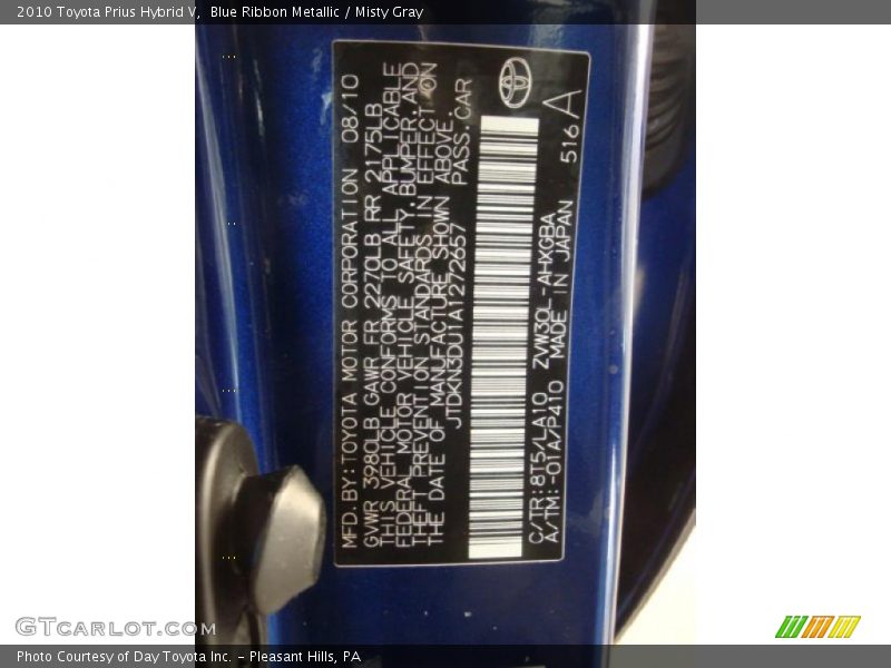 2010 Prius Hybrid V Blue Ribbon Metallic Color Code 8T5