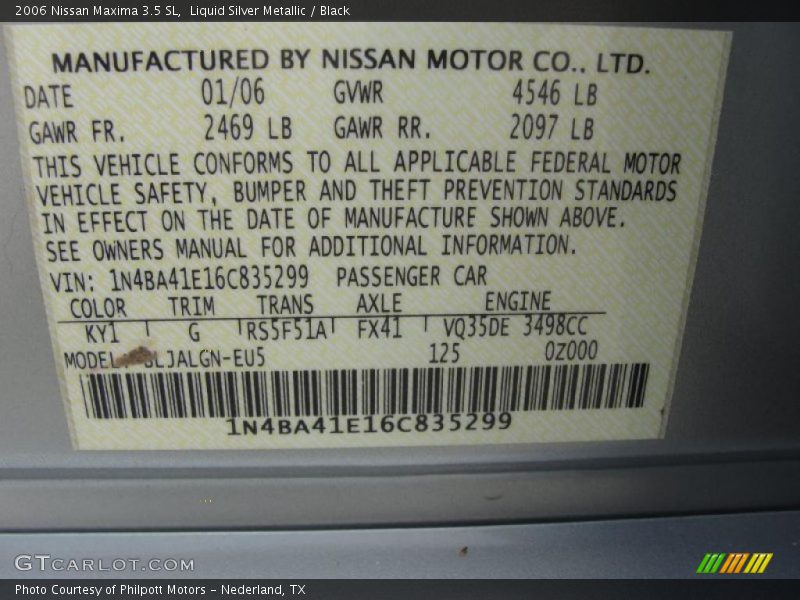 2006 Maxima 3.5 SL Liquid Silver Metallic Color Code KY1