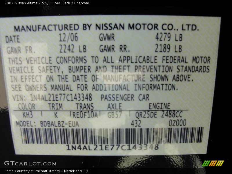 Super Black / Charcoal 2007 Nissan Altima 2.5 S