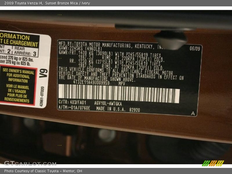 2009 Venza I4 Sunset Bronze Mica Color Code 4U3