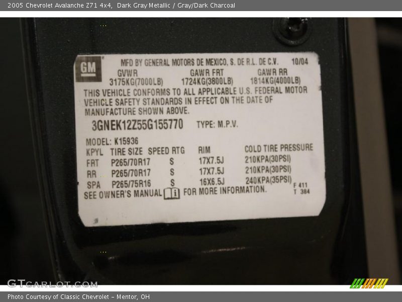 Dark Gray Metallic / Gray/Dark Charcoal 2005 Chevrolet Avalanche Z71 4x4