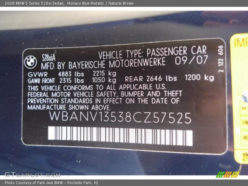 Info Tag of 2008 5 Series 528xi Sedan