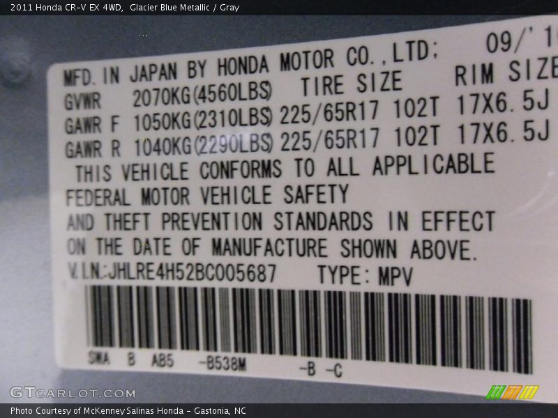 Glacier Blue Metallic / Gray 2011 Honda CR-V EX 4WD