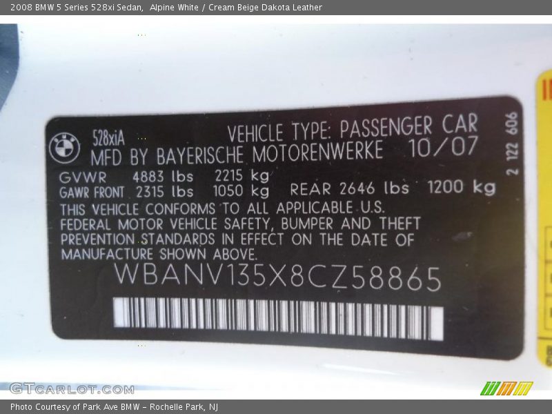 Alpine White / Cream Beige Dakota Leather 2008 BMW 5 Series 528xi Sedan