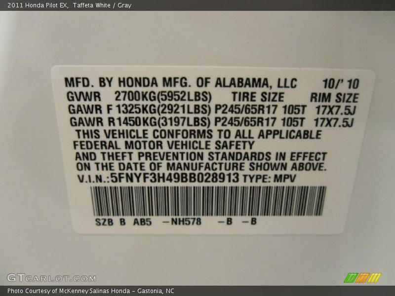 Taffeta White / Gray 2011 Honda Pilot EX