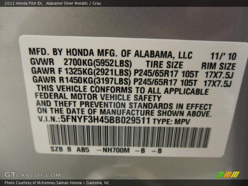 Alabaster Silver Metallic / Gray 2011 Honda Pilot EX