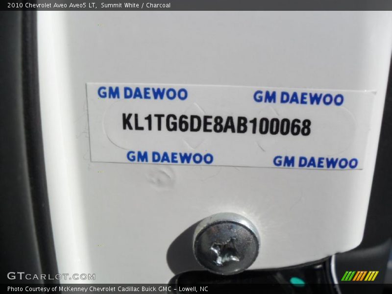 Info Tag of 2010 Aveo Aveo5 LT