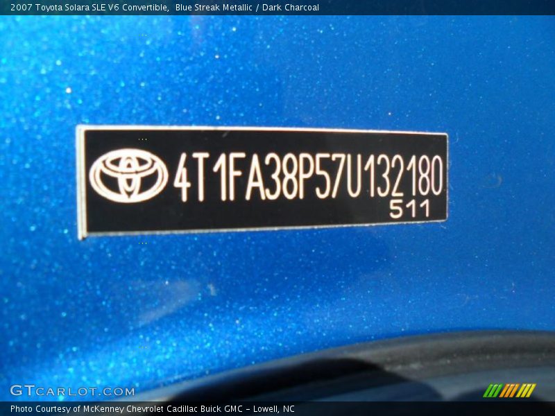 Info Tag of 2007 Solara SLE V6 Convertible