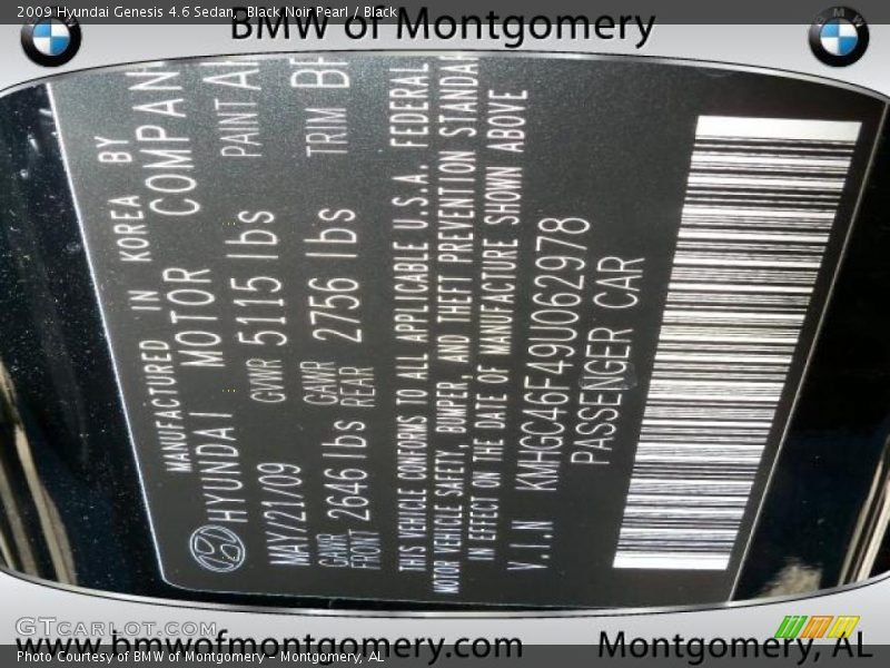 Black Noir Pearl / Black 2009 Hyundai Genesis 4.6 Sedan