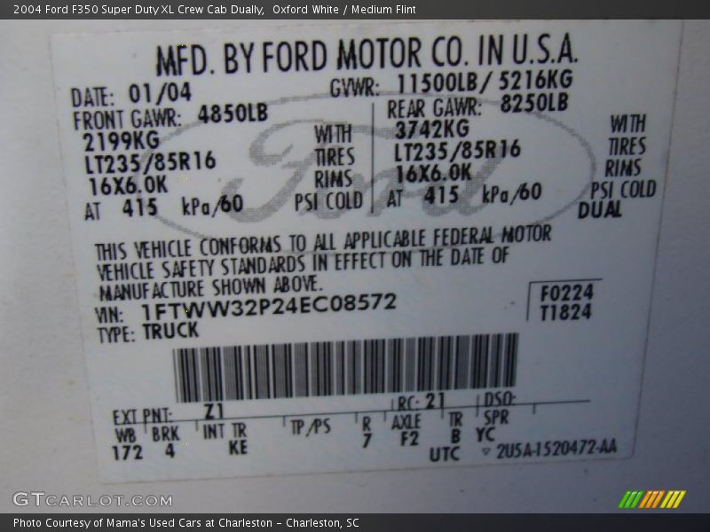 2004 F350 Super Duty XL Crew Cab Dually Oxford White Color Code Z1