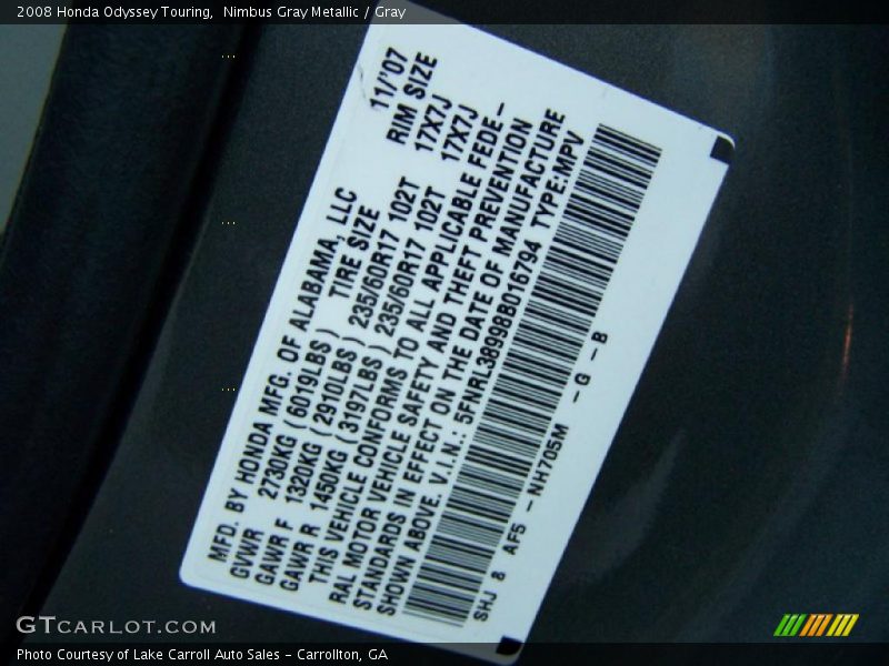 Nimbus Gray Metallic / Gray 2008 Honda Odyssey Touring