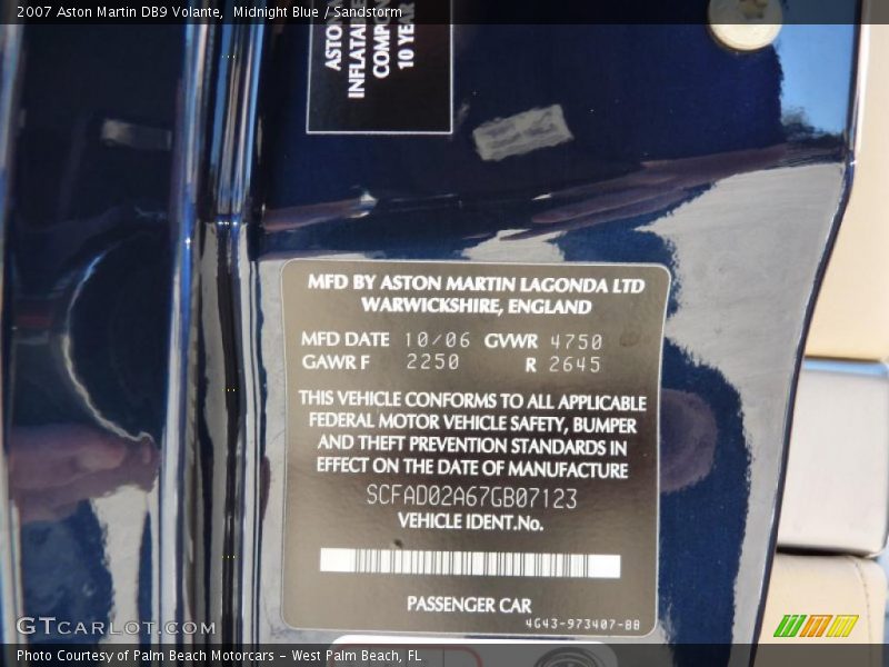 Info Tag of 2007 DB9 Volante