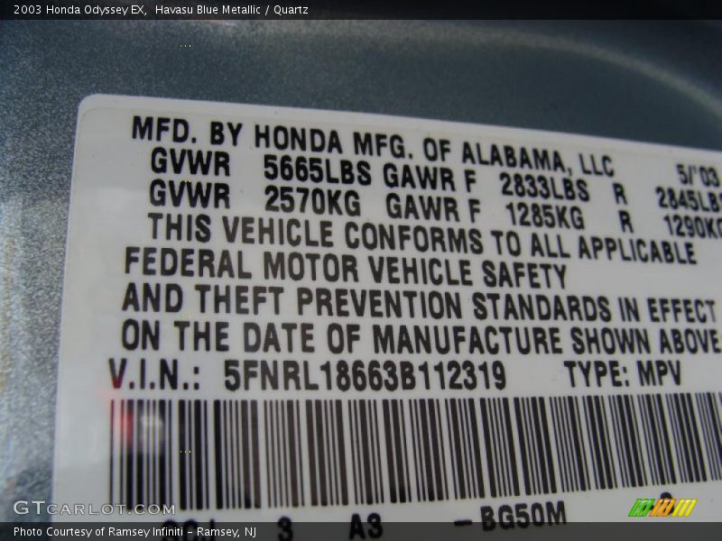 Havasu Blue Metallic / Quartz 2003 Honda Odyssey EX
