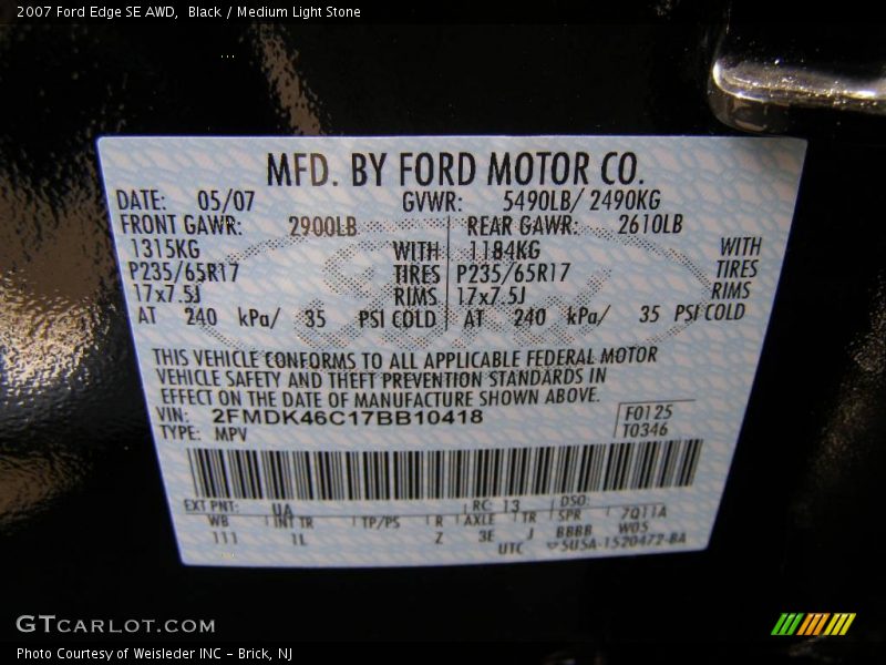 Black / Medium Light Stone 2007 Ford Edge SE AWD