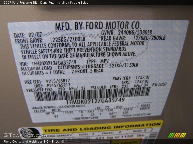 2007 Freestyle SEL Dune Pearl Metallic Color Code ND