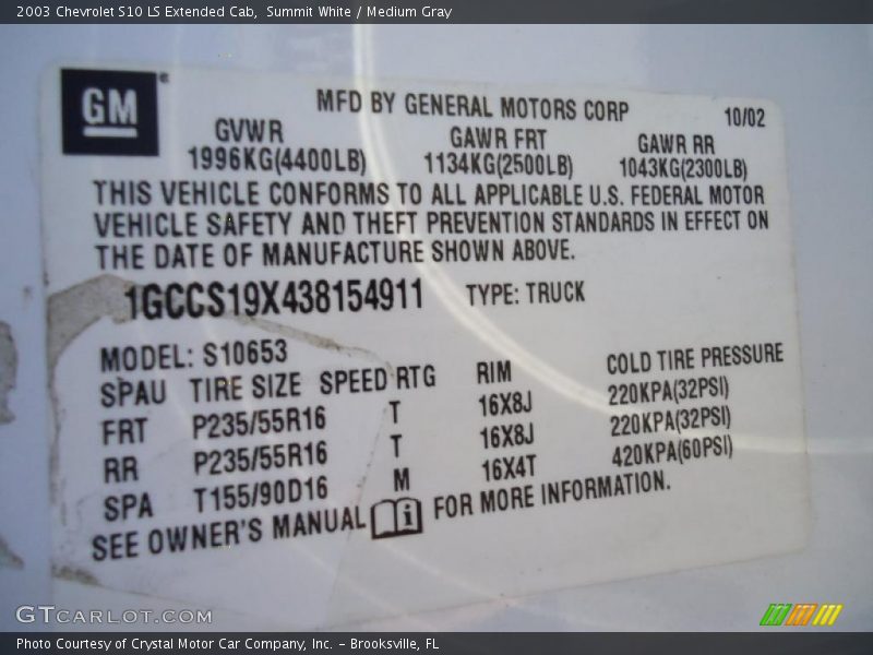 Info Tag of 2003 S10 LS Extended Cab